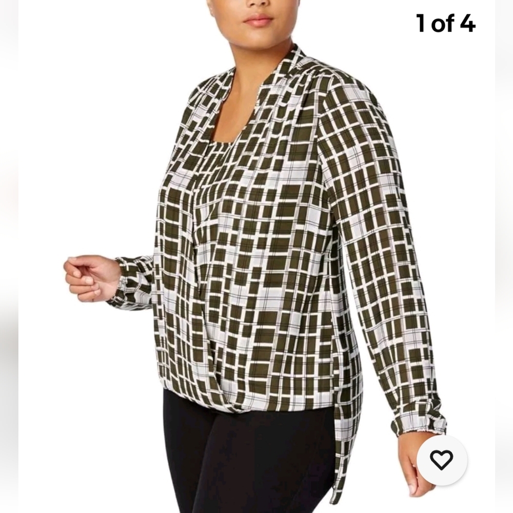 Alfani Womens Plus Chiffon Printed Loose Fit Blouse Green 18W